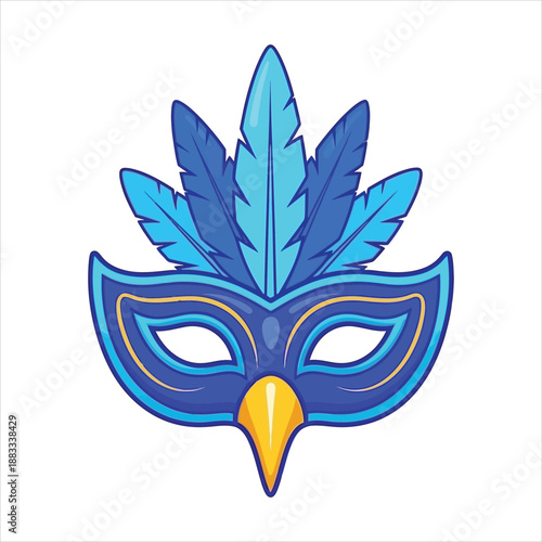 a vibrant blue carnival mask with feather accents and a distinctive golden beak design