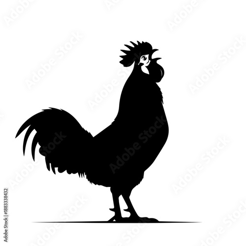 A striking black silhouette of a rooster standing proudly with its beak open, as if crowing.