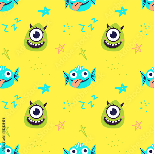 Bright seamless pattern with cute one-eyed monsters and funny fish characters on a yellow background. Playful flat vector design for kids textiles, wallpapers, packaging, apps and cheerful branding