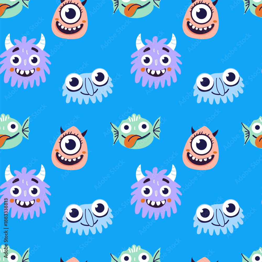 Obraz premium Seamless blue pattern with cute cartoon monsters and funny fish characters. Bright flat vector illustration perfect for kids products, textiles, wallpapers, apps, games and playful branding