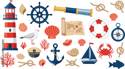 Nautical and Marine Icons Set Illustration with Lighthouse, Anchor, Ship and Sea Elements Flat Vector