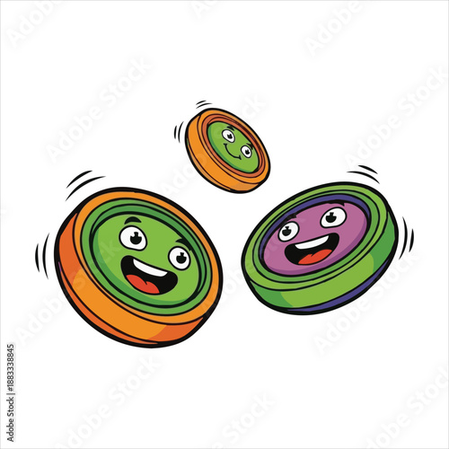 three cartoon flying discs with smiling faces in vibrant green orange and purple colors