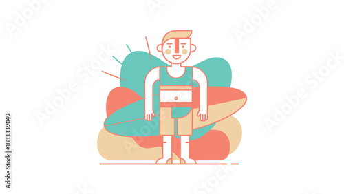 Young man in swimwear standing with a surfboard, ready for surfing in the ocean.