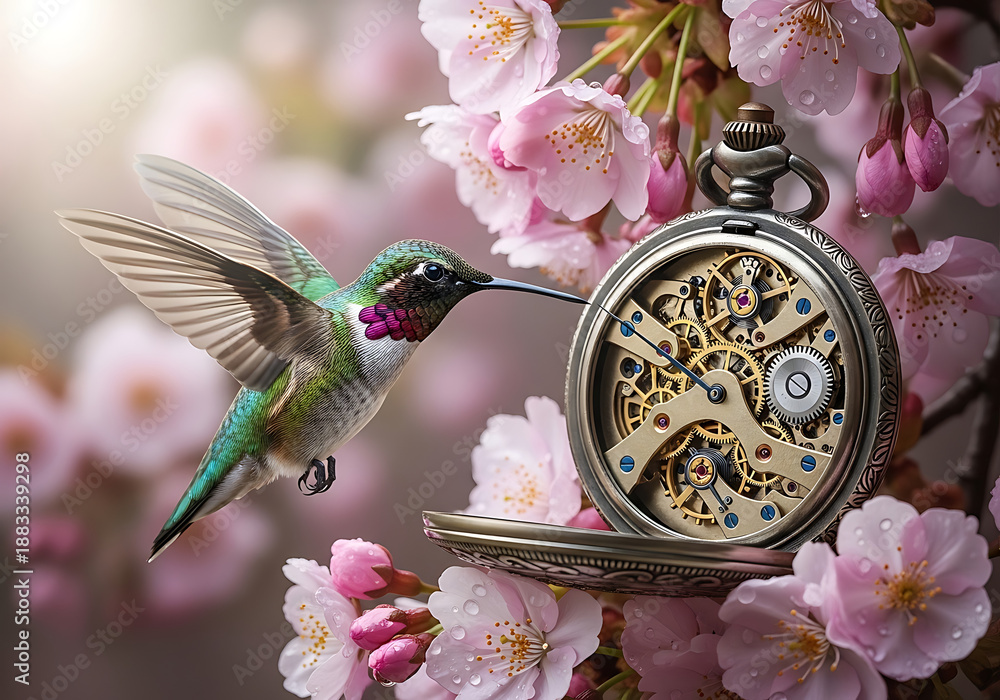 Obraz premium Hummingbird with Clockwork and Cherry Blossoms Time Nature Beauty