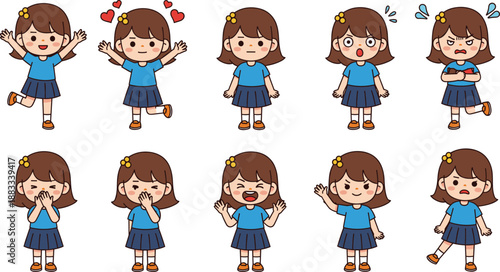 Cute Girl Cartoon Character Emotions Set Showing Happy, Sad, Surprised and Playful Expressions Flat Vector