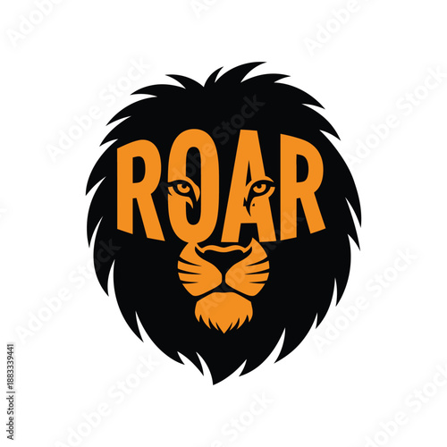 Roar Typography Logo with Lion Face Black and Orange Mascot Vector Illustration.