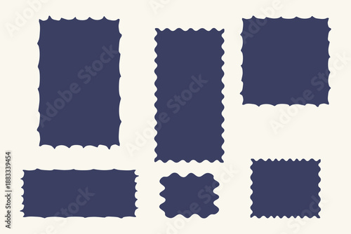 Abstract irregular rectangle shapes, text box set. Organic simple flat blob element. Wavy line zigzag edge, blue colour elements. Geometric Modern funky graphic stamp. Cute cartoon style design