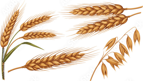 Golden Wheat and Oat Ears Vector Illustration Set with Cereal Grain Spikes for Agriculture, Farming, Harvest, and Natural Food Design Projects