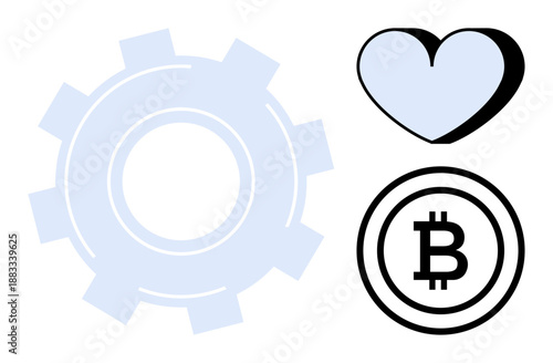 Technology, love, cryptocurrency, innovation, digital finance, blockchain. A gear, a heart and a Bitcoin icon on a white background. Technology and cryptocurrency symbols reflecting modern