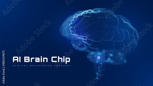 Futuristic artificial intelligence background with glowing blue brain and AI processing chip connected circuit board, vector illustration.