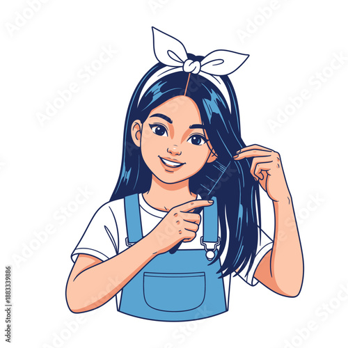 Young woman with dark hair and a white headband combing her hair with a smile.