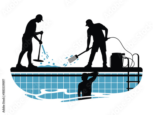 Pool maintenance team at work isolated on white background, Vector, illustration