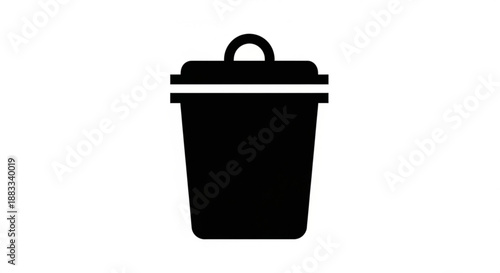 A minimalist black silhouette of a trash can with a lid and handle on a white background