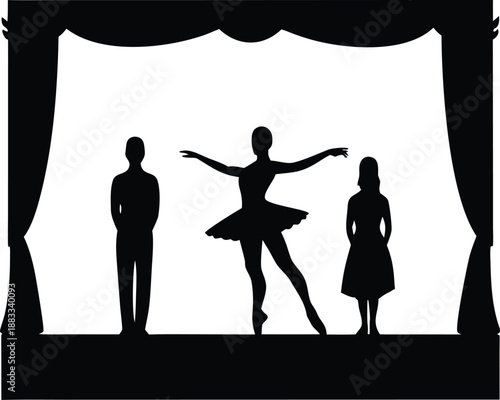 Three performers on a theatrical stage with classic curtains ready for a show