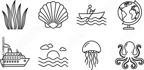 Black And White Vector Icon Set Representing Seaweed Shell Rowing Boat World Globe Cruise Ship Ocean Sunset Jellyfish And Octopus For Maritime Design Projects