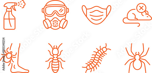 Orange Vector Icon Set Representing Pest Control Service Featuring Spray Bottle Gas Mask Protective Face Mask Rodent Prevention Termite Centipede And Spider Graphics