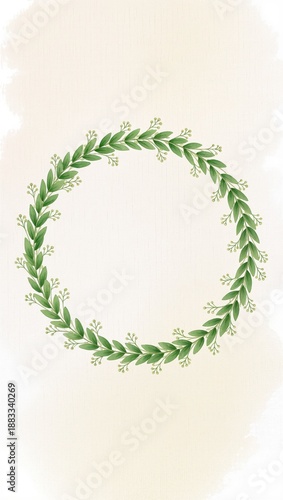 Watercolor green leaves wreath on beige textured background botanical frame