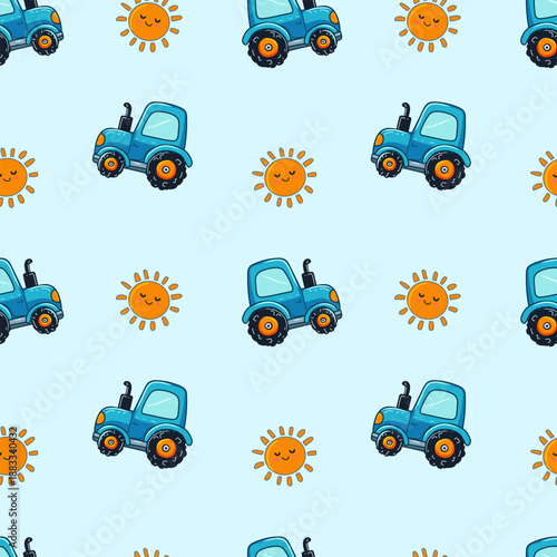 Cute seamless pattern with blue cartoon tractors and smiling suns in playful flat style. Perfect vector background for kids designs, nursery decor, baby products, textiles, wallpaper and stationery