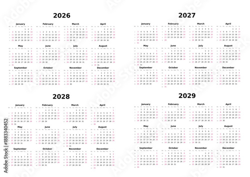 Kalender 2026 bis 2029 mit Wochenzählung, englisch, erster Wochentag ist Sonntag, Querformat
