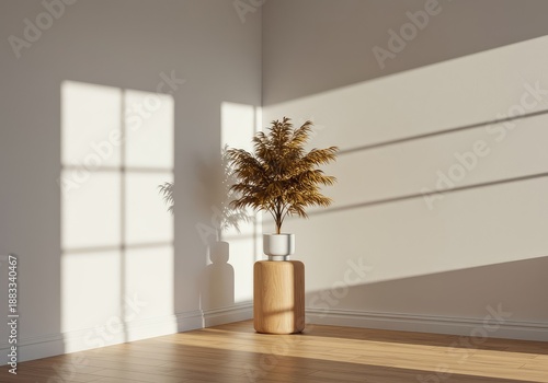 Bright interior corner with warm natural light casting strong shadows on white walls, focusing on clean lines, a simple wooden object, and essential decor ,calm ,grass ,decoration
