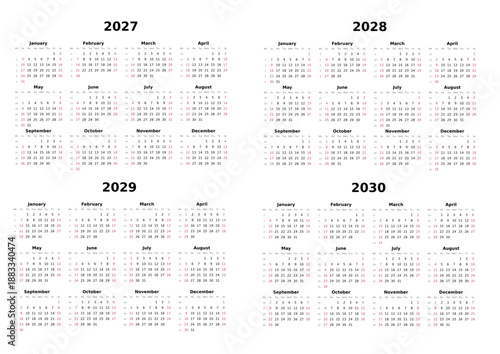 Kalender 2027 bis 2030 mit Wochenzählung, englisch, erster Wochentag ist Sonntag, Querformat