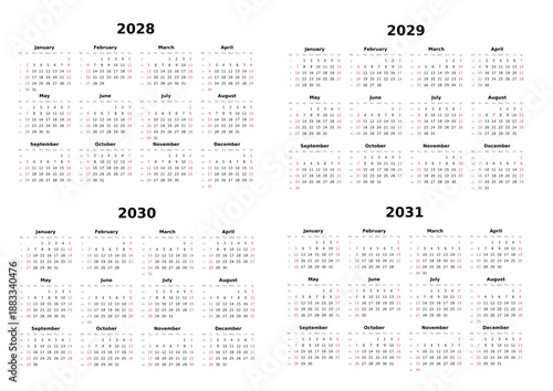 Kalender 2028 bis 2031 mit Wochenzählung, englisch, erster Wochentag ist Sonntag, Querformat
