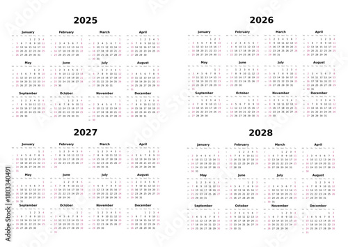 Kalender 2025 bis 2028 mit Wochenzählung, englisch, erster Wochentag ist Sonntag, Querformat