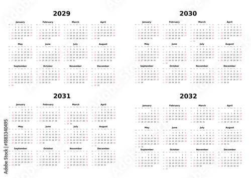 Kalender 2029 bis 2032 mit Wochenzählung, englisch, erster Wochentag ist Sonntag, Querformat
