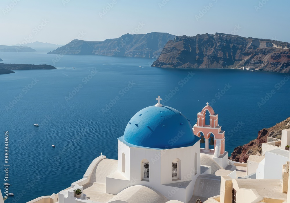 Fototapeta premium Bright sunlight illuminates white stucco walls and iconic blue painted church domes overlooking the calm deep blue sea of the coastal island ,white ,geometric ,balcony