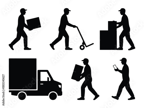 Workers engaged in moving and logistics isolated on white background, Vector, illustration