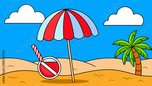 Vibrant beach scene with umbrella and palm tree