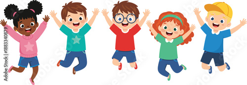 Happy Diverse Kids Jumping Together Illustration Showing Joy, Friendship and Childhood Fun Flat Vector