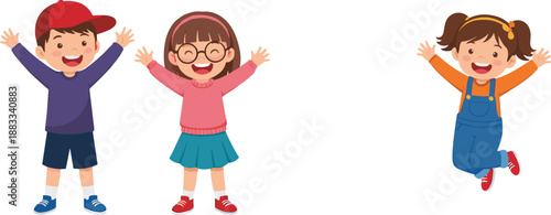 Happy Kids Jumping and Celebrating Illustration with Smiling Boys and Girls Flat Vector Design