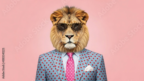 A stylish lion wearing sunglasses and a polka-dot suit