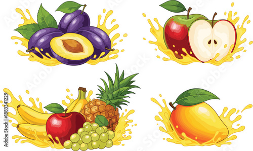 Fresh Fruit Juice Splash Vector Set with Apple, Plum, Banana, Pineapple, Grape, and Mango Illustrations for Beverage, Food, and Packaging Designs