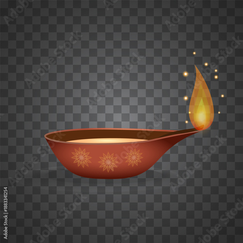 A traditional Indian clay oil lamp (diya) with a glowing flame, symbolizing light and celebration.