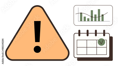 Business planning, risk management, analytics, data tracking, project scheduling, productivity optimization. A warning sign with a bar graph and marked calendar. Risk management and planning concept