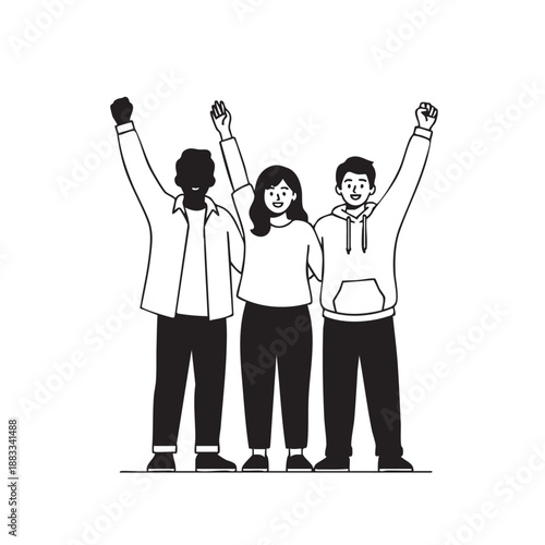 Three people with raised fists standing together in a celebratory pose celebration unity diverse group