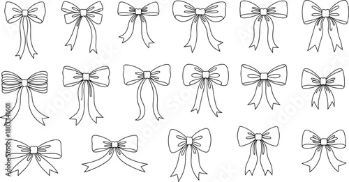 Bow Ribbon Knot Decor Gift Cute Elegant Sketch Doodle Outline Minimal Pretty Craft Fashion Ornament Symbol Design Art Vintage Handdrawn Lineart Collection Bundle