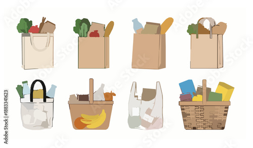 Grocery shopping bags and baskets with fresh food flat vector icons set on white background
