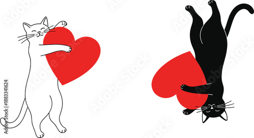 Cat Cats Love Heart Cute Hugging Funny Cartoon Minimal Illustration Valentine Romance Pet Animal