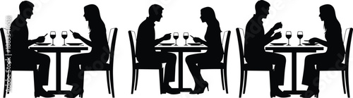 Couple Date Dinner Restaurant Romance Love Romantic Relationship Silhouette Black Table Wine Conversation Valentine Evening Dining Illustration Vector Minimal
