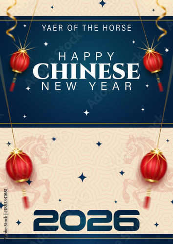 Happy Chinese New Year 2026 Year of the Horse Poster Collection, Lunar New Year 2026 Background with Lucky Coins and Lanterns, Modern Year of the Horse 2026 Greeting Card with Floral Decor, Blue 