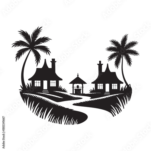 Tropical village scene with palm trees and a water well houses