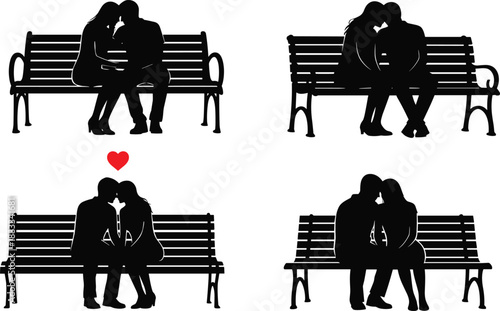 Couple Silhouette Bench Love Romantic Kiss Hug Dating Relationship Man Woman People Park Valentine Illustration Design Black White