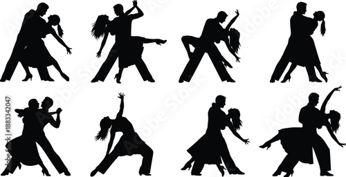 Dance Silhouette Couple Ballroom Tango Passion Romance Love Movement Motion Performance Dancers Partner Duet Elegant Pose Drama Artistic Vector Illustration Black Collection