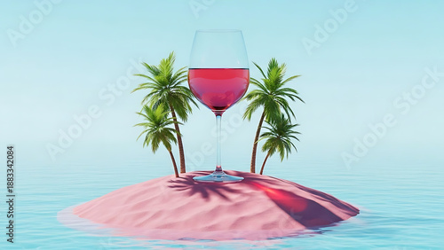 A whimsical wine glass island with palm trees in a serene sea