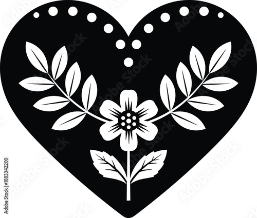 Heart Floral Silhouette Flower Botanical Folk Scandinavian Nordic Minimal Black White Symbol Love Romantic Illustration Design Decorative Icon