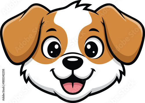 A cheerful cartoon puppy head with big eyes and a happy smile looking directly forward