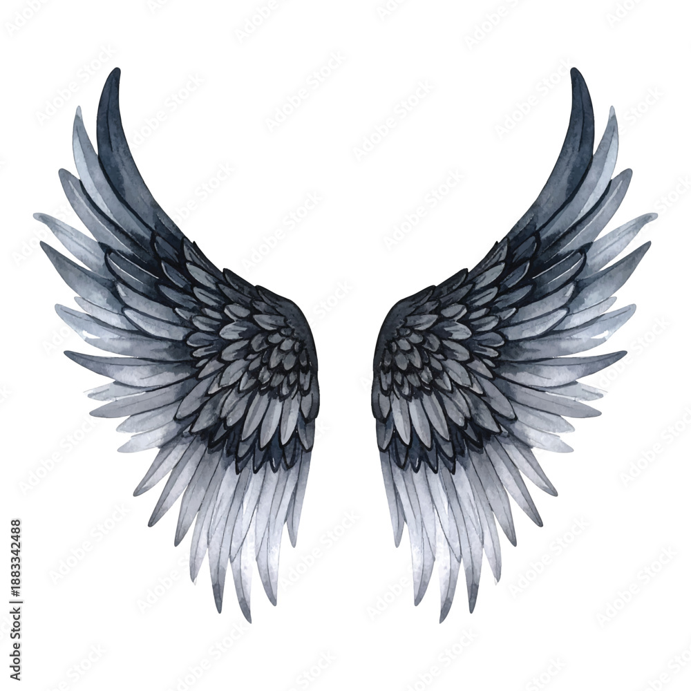 Fototapeta premium Pair of Watercolor Angel Wings in Shades of Gray and Black with illutrastion transparent background